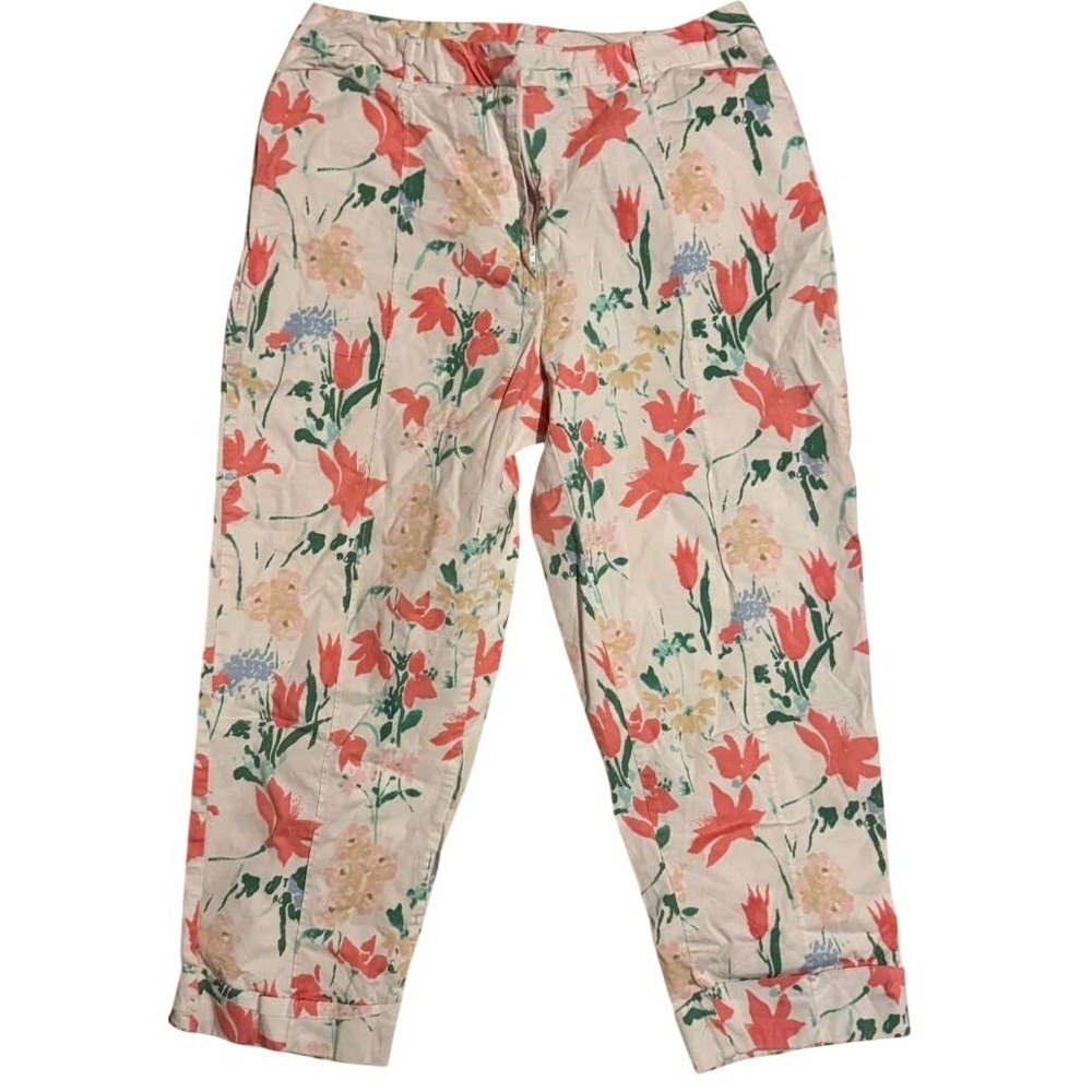 Hunt Club Women Floral Crop Pants Size 12 White Coral Tulip Print Stretch Cotton